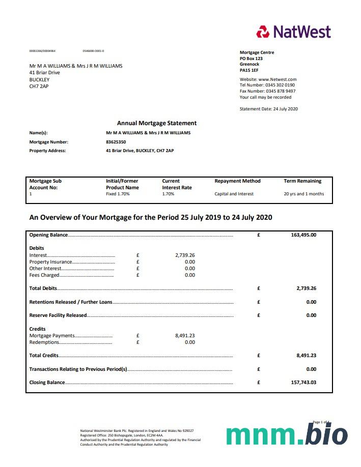Szablon wyciągu z rachunku bankowego w Wielkiej Brytanii NatWest w formacie Word i PDF, 2 strony